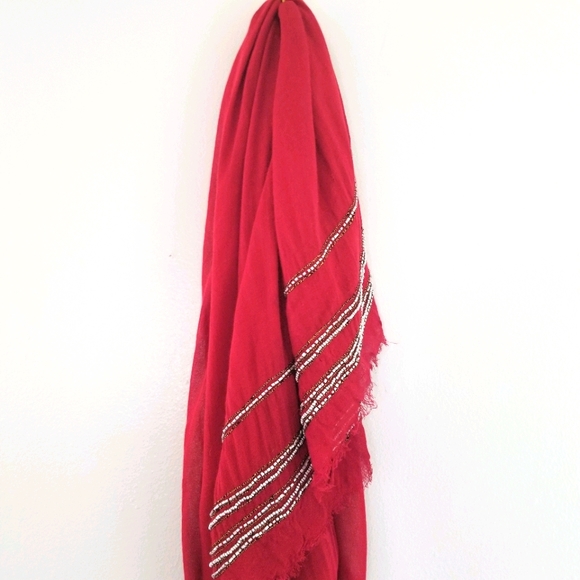 Long red linen scarf with silver beading - Picture 3 of 3